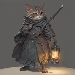 the cat is holding a knife and a lantern