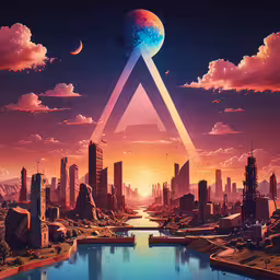 a futuristic city and a triangle with water in it,an abstract painting of a city skyline with a rainbow triangle