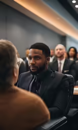 a man in suit sitting in a conference room