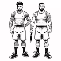 two basketball players dressed in uniforms from different sides and wearing black and white,two basketball players standing side by side wearing shorts,two men standing in basketball uniforms with tattoos,two men in shorts with tattoos holding an object,a drawing of two men in different uniforms with tattoos on