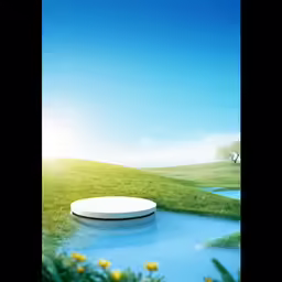 a small white object laying on the grass in front of a pond