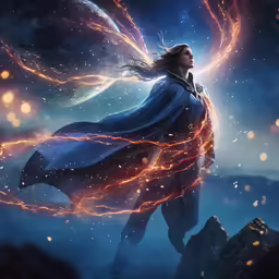 a man in a cloak and cape holding a lit up sword
