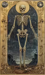 a skeleton standing in front of a clock with an image of stars