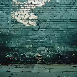 a brick wall with peeling paint and a fire hydrant near by