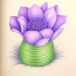 a drawing of purple flower sitting inside of a green vase,a picture of a flower with a colored background,an impression drawing of a flower sitting in a green vase,colored illustration of purple flower in green vase,a purple flower sitting in the middle of a green vase