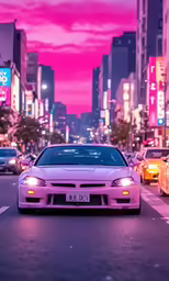 this is the sunset of a city street with parked cars