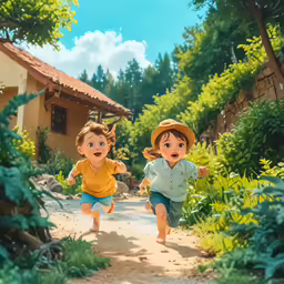 a boy and a girl are running down a path