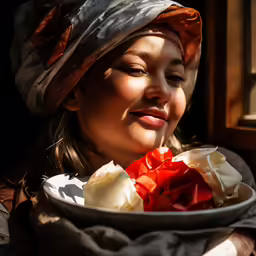 a woman with a hat is eating food on a plate