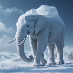 a white elephant walking across a snowy field