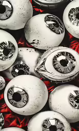 a pile of round objects with lots of eyes