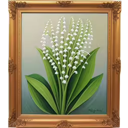 the picture is painted in gold framed on canvas,painting of white flowers is framed in golden frame,a painting of some kind of lily of the valley,a painting with lilies in gold frames,an oil painting with flowers in a gold frame