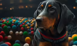 a dog with a collar in a crowd of balls