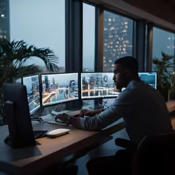 man sitting in front of two monitors working
