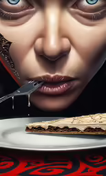 a woman with scissors cutting into a desert