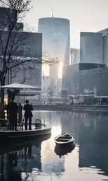 three people standing on the dock overlooking water and buildings