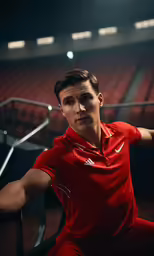 young man in red tennis outfit on staircase looking at camera