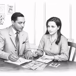 the man and woman are seated at the table