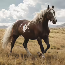a horse is running around in the fields