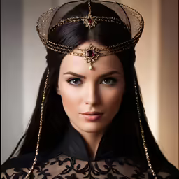 a woman wearing a veil and headpiece with beads