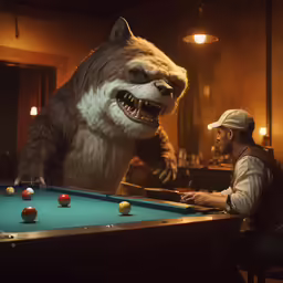 a man in a hat sitting at a pool table with a stuffed wolf on top of it