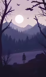 a silhouetted man walking a dog through the trees at sunset