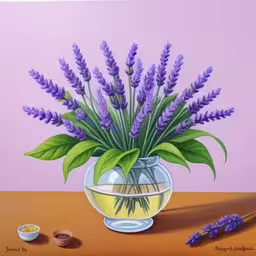 painting of lavender flowers in vase on table with honey