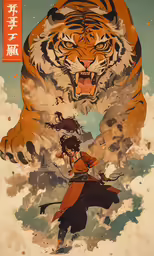 a cartoon shows an asian woman in a brown kimono, and a tiger with its mouth open