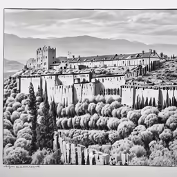 a black and white drawing of an ancient village