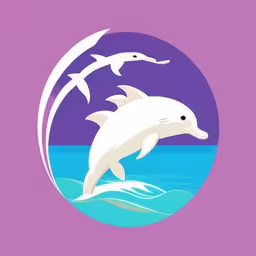 a dolphin jumping out of water with a seagull flying in the background,a dolphin jumping on top of water under a purple sky