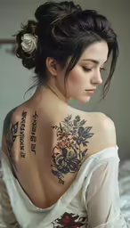 a woman with a tattooed back on her left shoulder