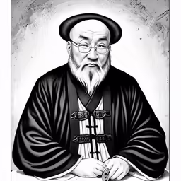 a portrait of an oriental man in black and white