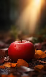 an apple in the ground with lots of leaves and leaves on it
