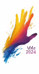 an orange and blue hand in the air with paint splatters over it