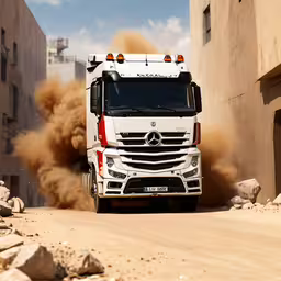 large truck driving on gravel road in urban area,a white truck traveling down a road near buildings