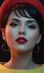 a close up of a woman with long dark hair wearing large gold hoop earrings