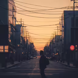 a person crosses a street with power lines in the background
