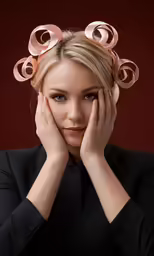 a beautiful young blonde woman holding her hands under her chin