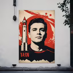 an old, vintage, poster featuring a man with a rocket on his shoulder