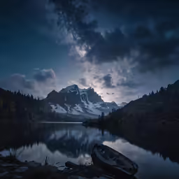 a boat floating on top of a lake under a sky full of stars