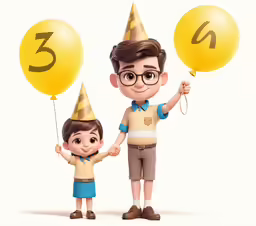 two small children in birthday hats hold balloons