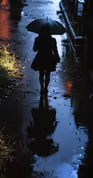 a person walks under an umbrella at night on a rainy day