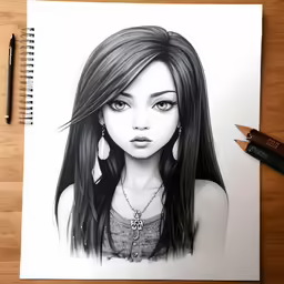 a woman with long hair in pencil and some colored pens
