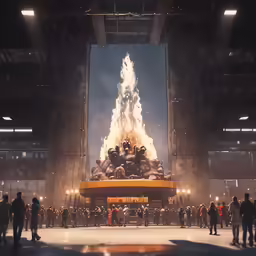 many people stand around a huge poster of the fall of the tv