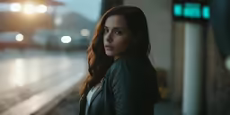 a woman in leather jacket looking off into the distance