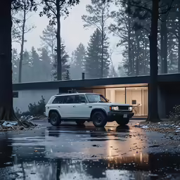 an suv parked outside a house in the rain