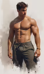 a man wearing no shirt and green pants