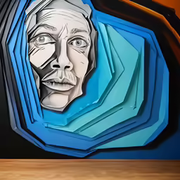 the paper sculpture is of a man with blue eyes
