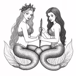 two mermaids are sitting on the hands of each other holding swords