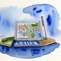 an artistic painting on watercolor paper with a book in front,a painting of a tablet with some different items
