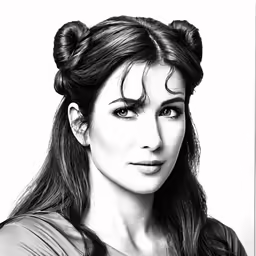 a woman wearing an up - do, buns and makeup